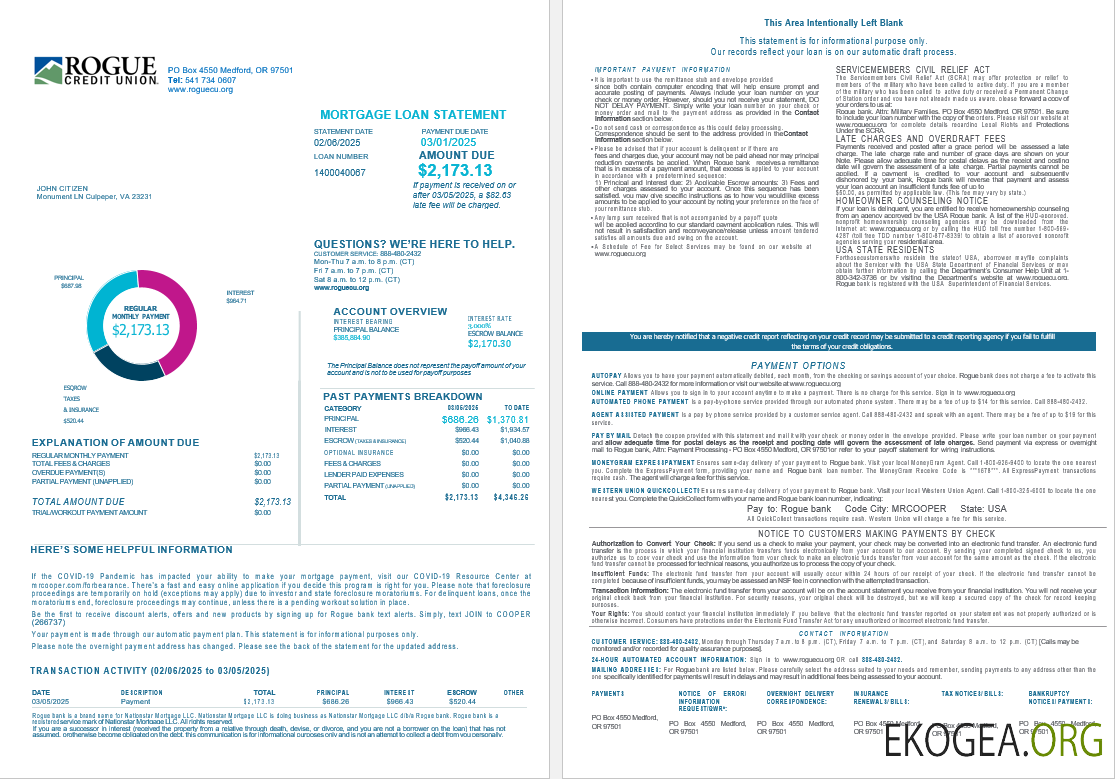 États , Unis Oregon Rogue relevé de prêt hypothécaire de la banque aux formats Word et PDF, 4 pages 1, 2